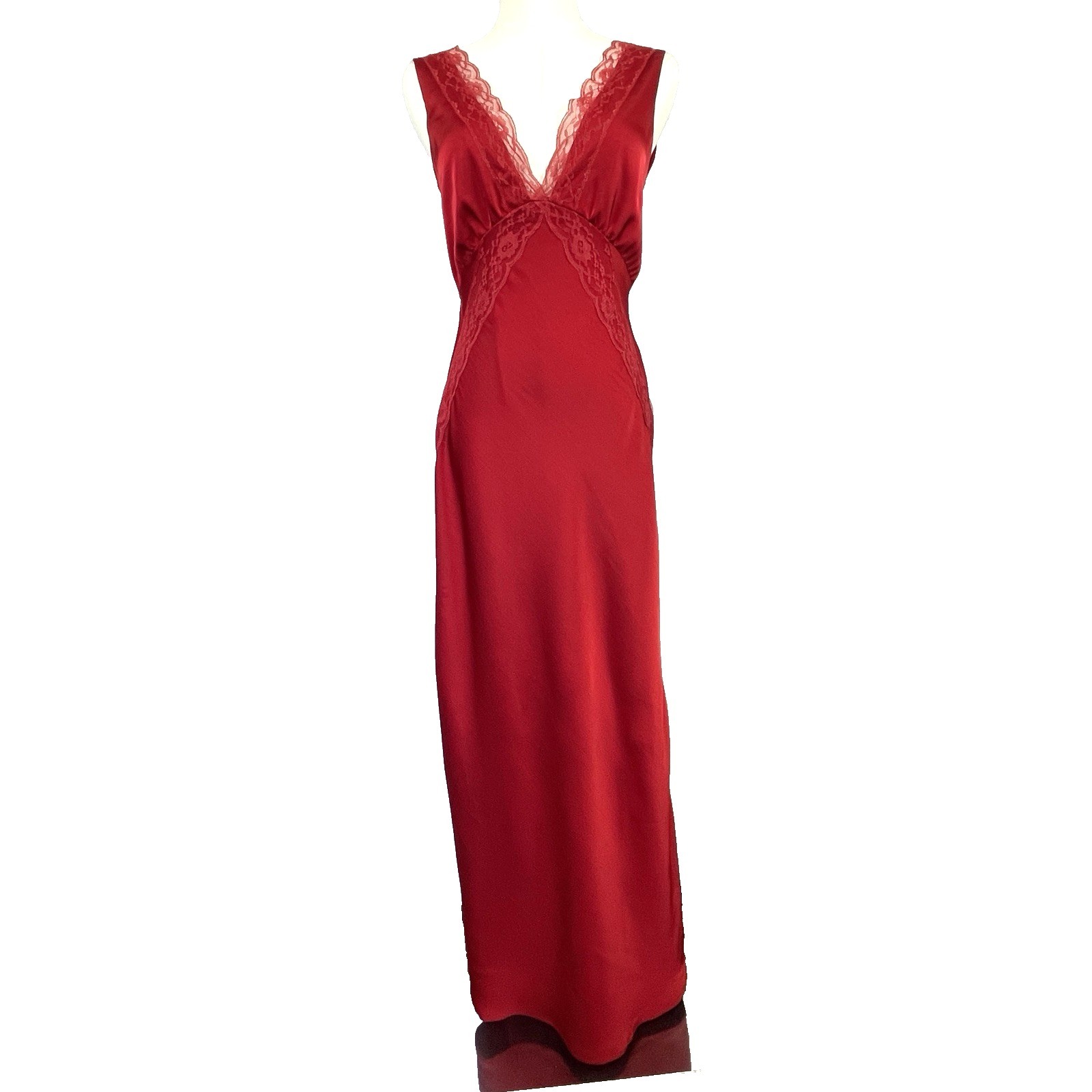 Retro Glam Womens Satin Lace V-Neck Maxi Slip Dress M Red Old Hollywood Event